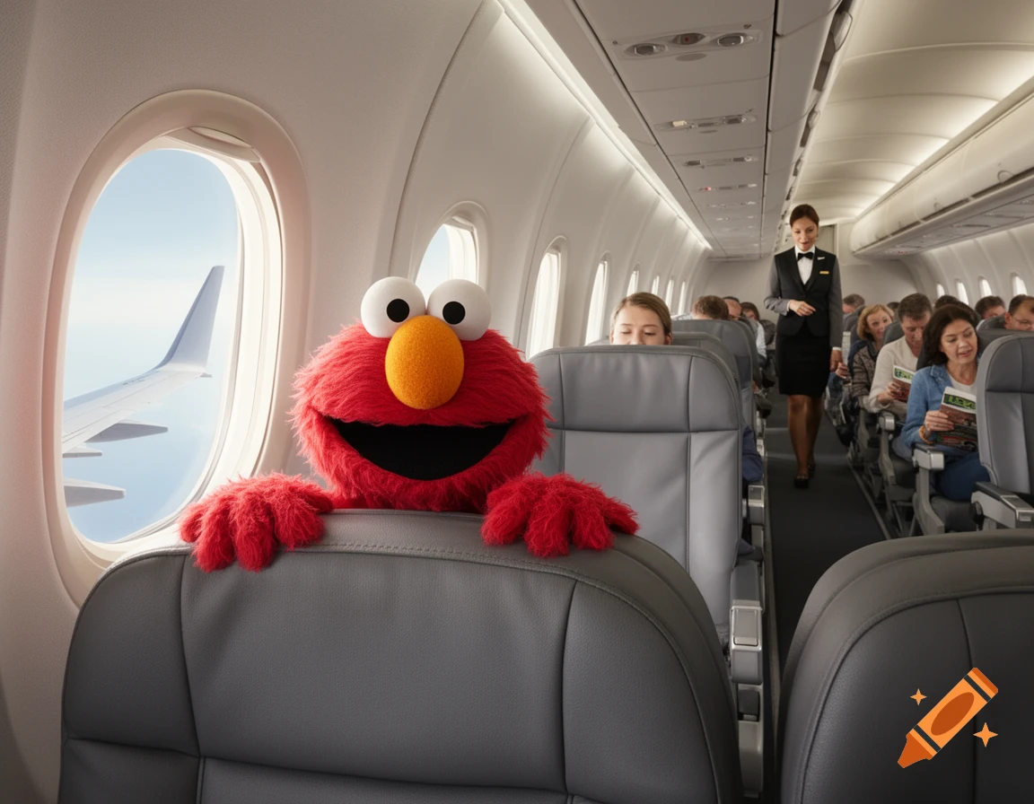 Elmo peeking over an airplane seat on a commercial flight, with a flight attendant walking down the aisle, photorealistic.