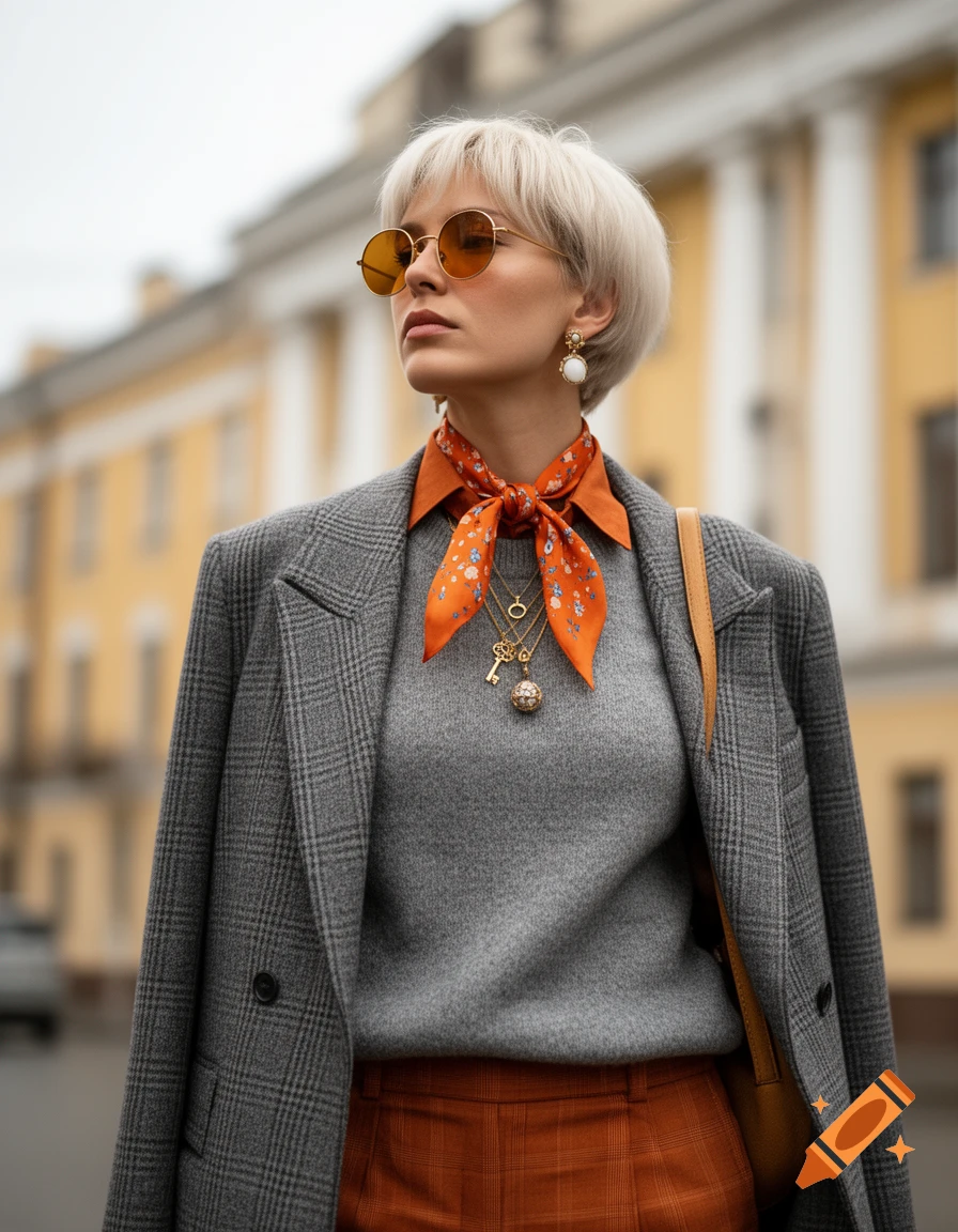 A stylish woman with short platinum blonde hair and sunglasses in an orange scarf, grey blazer, and plaid pants, posing on an urban street.