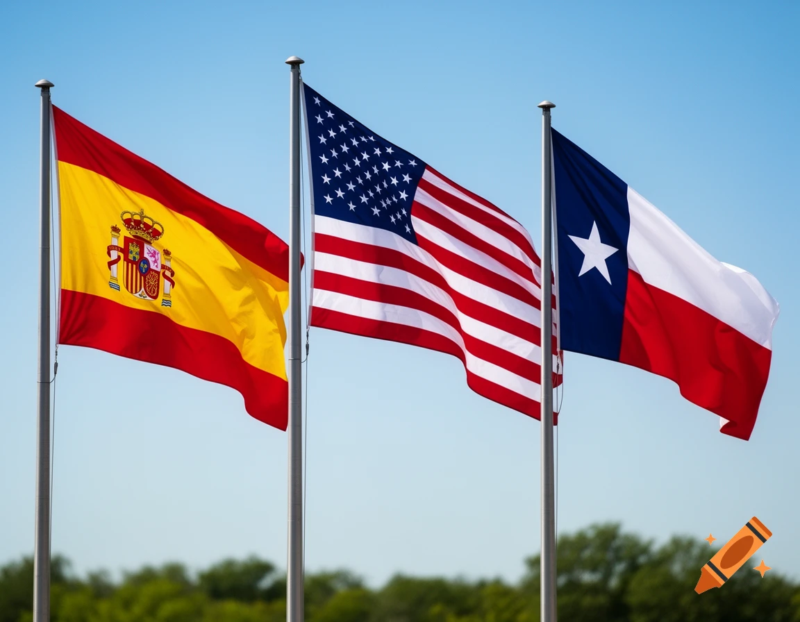 Three flags on poles waving against a clear blue sky, showing the Spanish, American, and Texas flags from left to right.