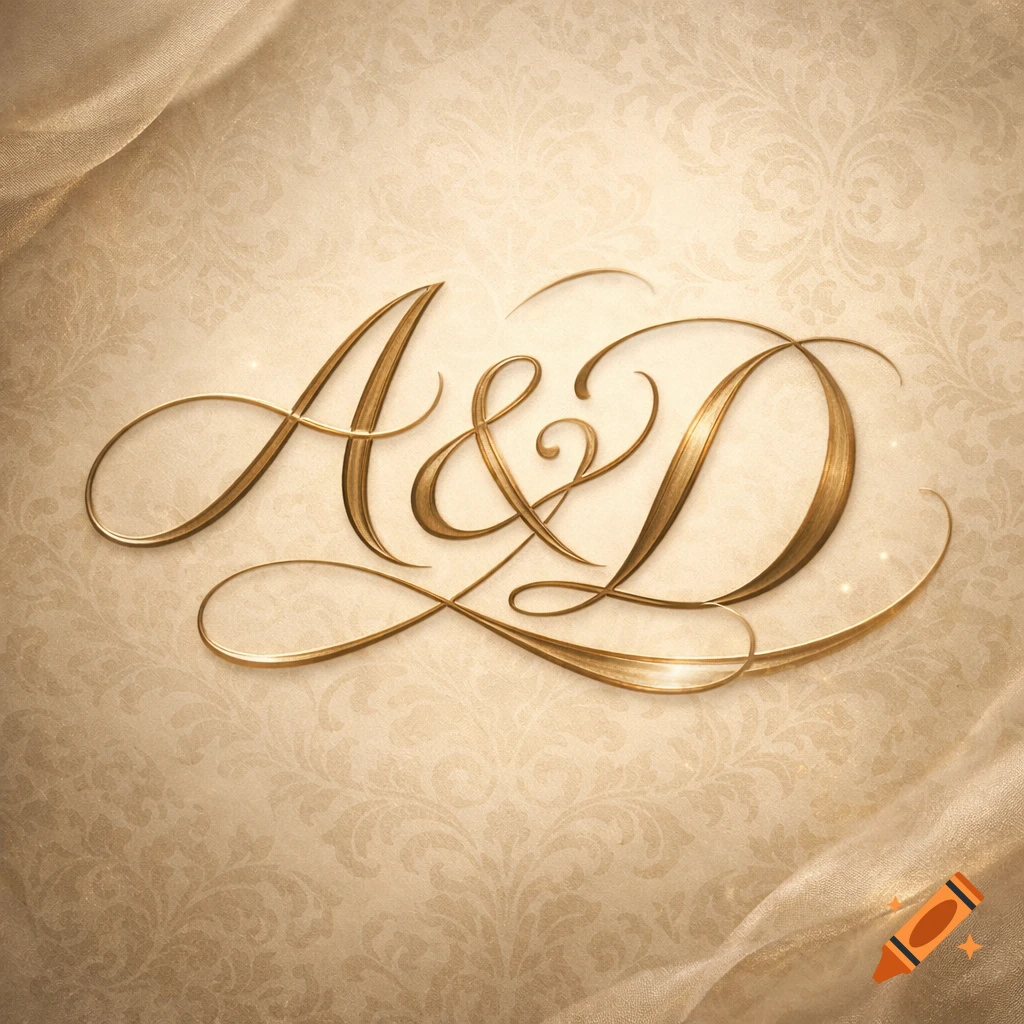 Golden cursive letters 'A & D' forming a monogram on an elegant beige patterned background with flowing fabric.