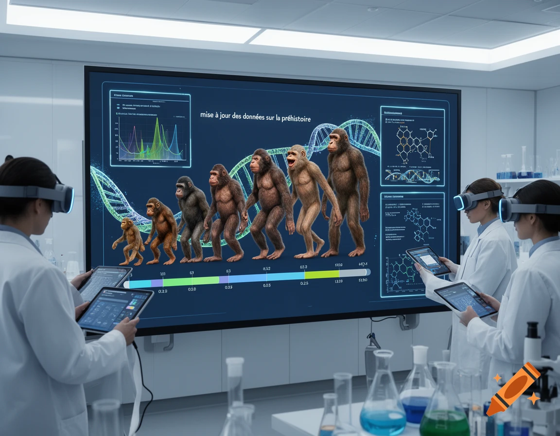 Scientists in a lab with VR headsets view a screen displaying ape evolution and DNA research, using tablets.