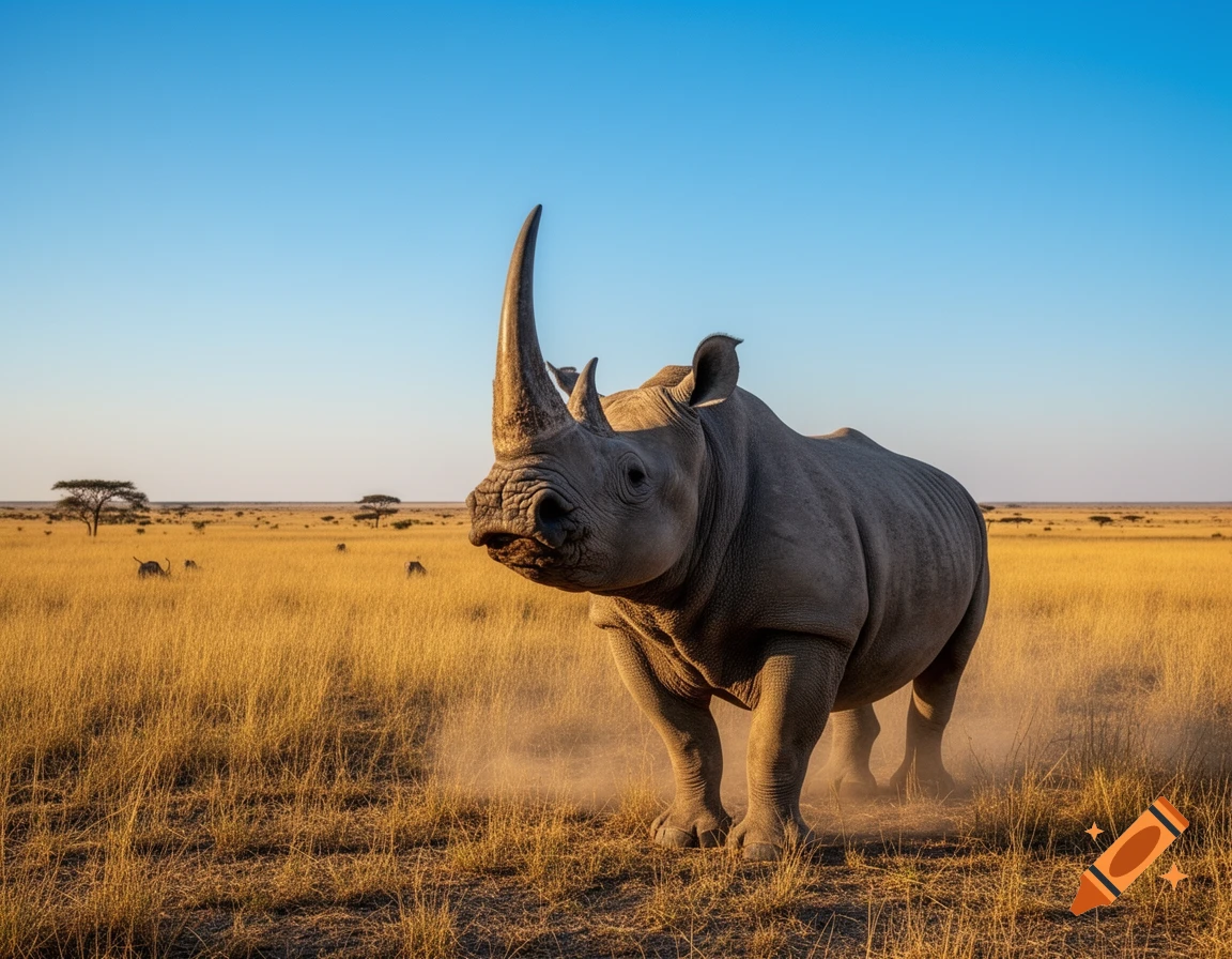 Photorealistic image of a large rhinoceros with a prominent horn standing in a dusty, golden savanna under a clear blue sky.