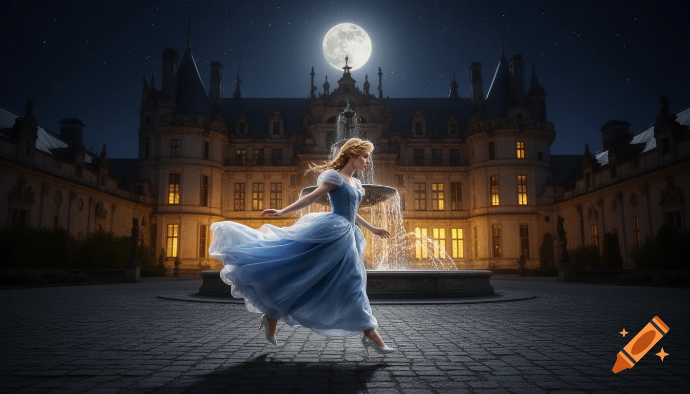 Photorealistic Cinderella in a flowing blue dress and silver slippers running past a lit-up castle fountain under a full moon at night.