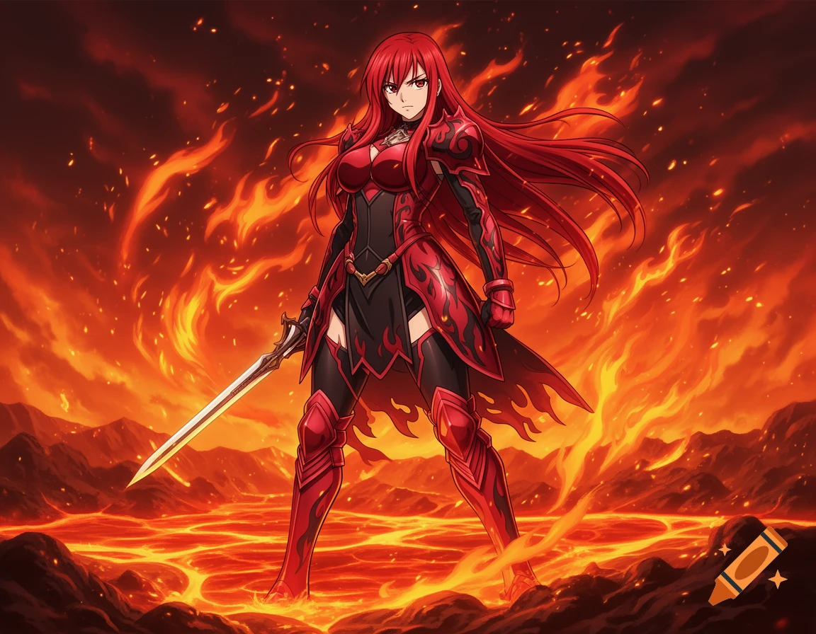 An anime-style female warrior with long red hair, wearing red and black ...
