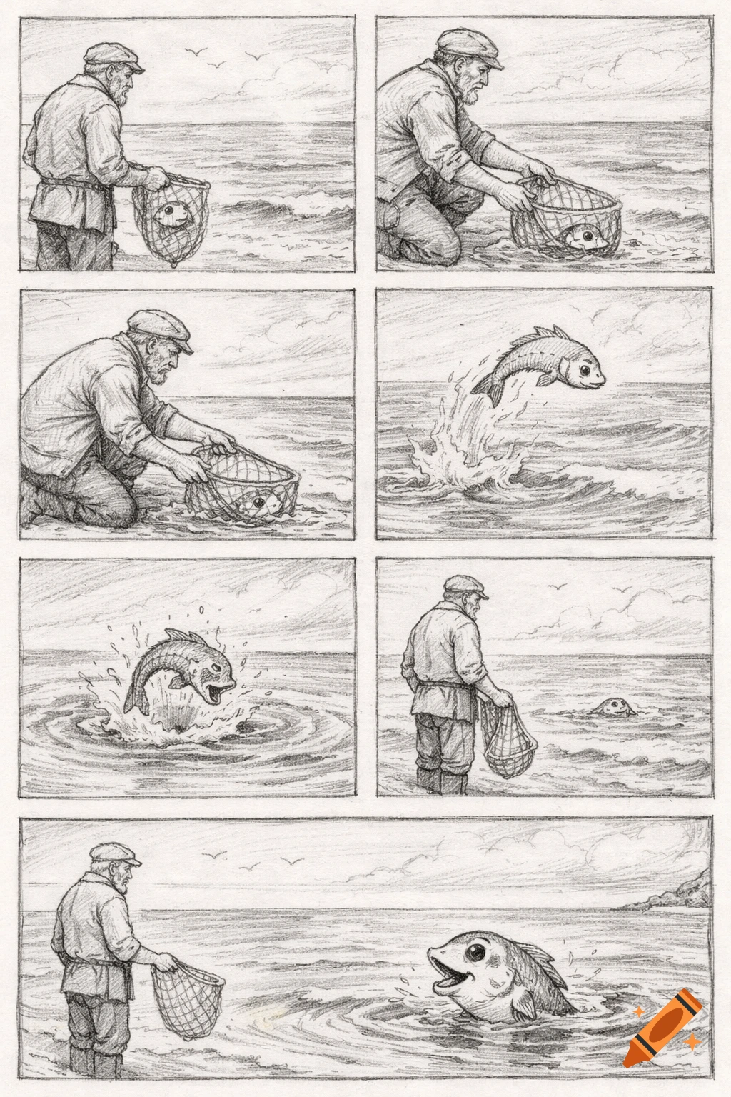 Pencil drawing comic strip showing a fisherman releasing a fish, which then resurfaces to thank him with an open mouth.