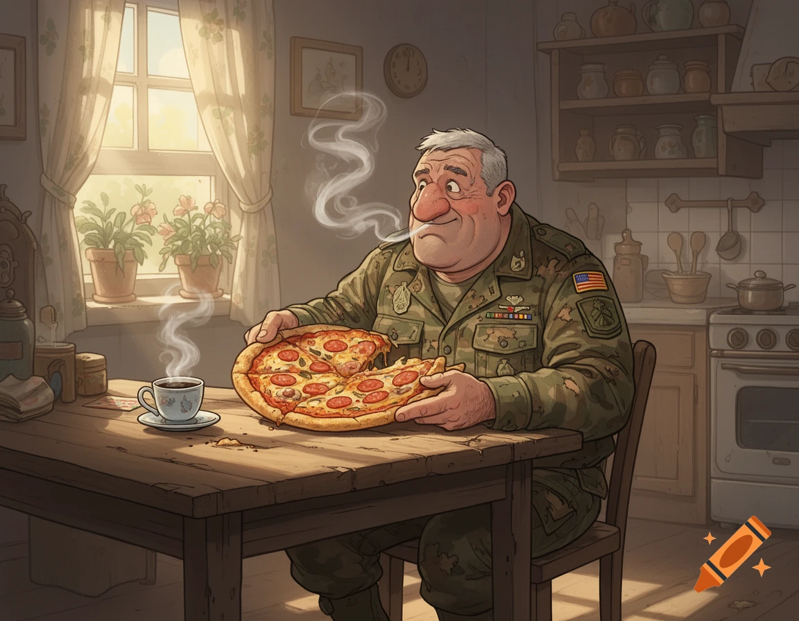 A smiling, cartoon military veteran in a worn uniform sits at a wooden ...