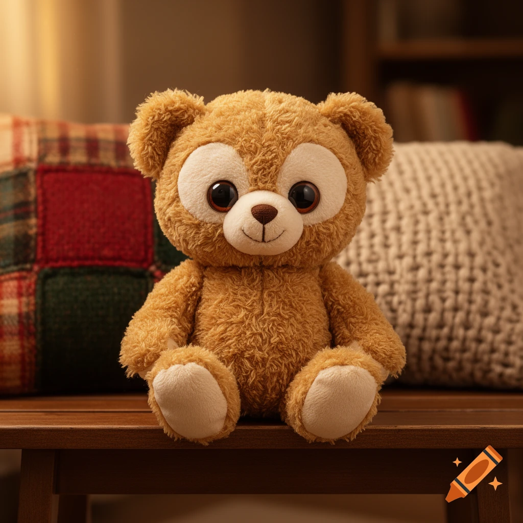 A cute brown plush teddy bear doll with big eyes sits on a wooden bench, with soft warm lighting and a cozy atmosphere.