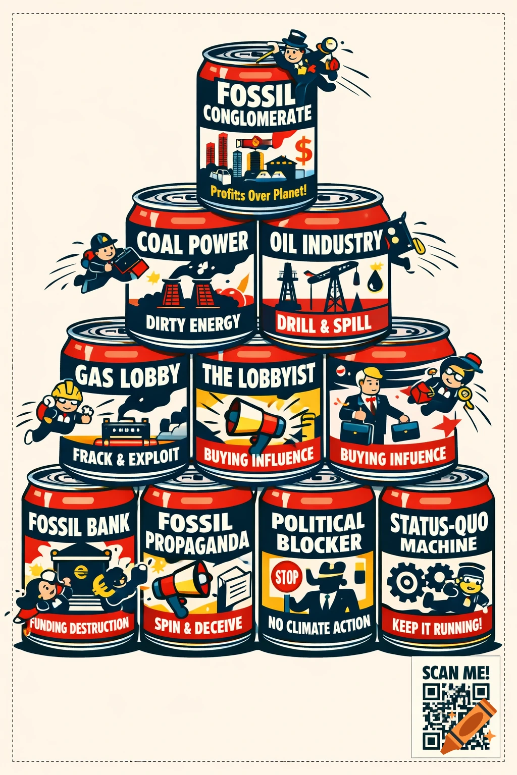 A vector illustration depicting a pyramid of stylized cans representing aspects of the fossil fuel industry, with small cartoon figures flying off them.