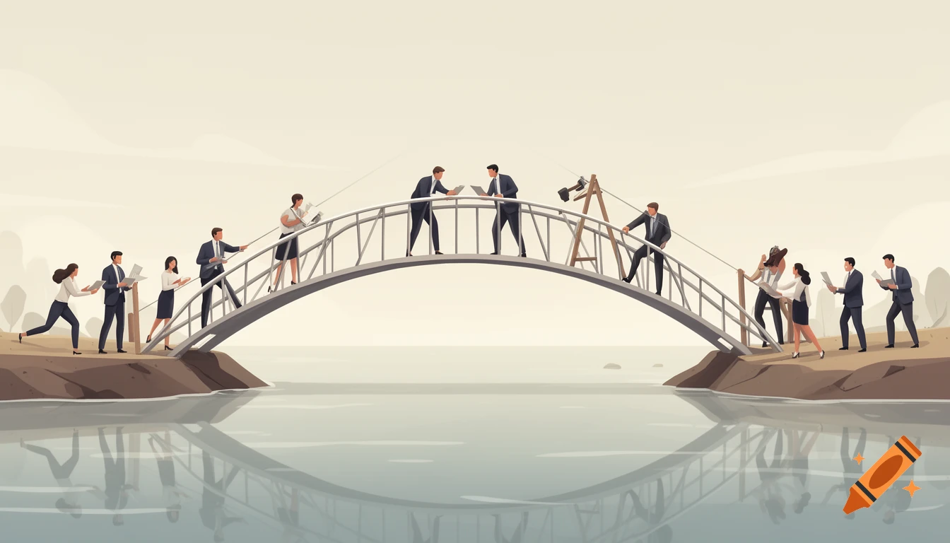 Business people in suits collaborate on a bridge over water, symbolizing teamwork in a modern illustrative style.