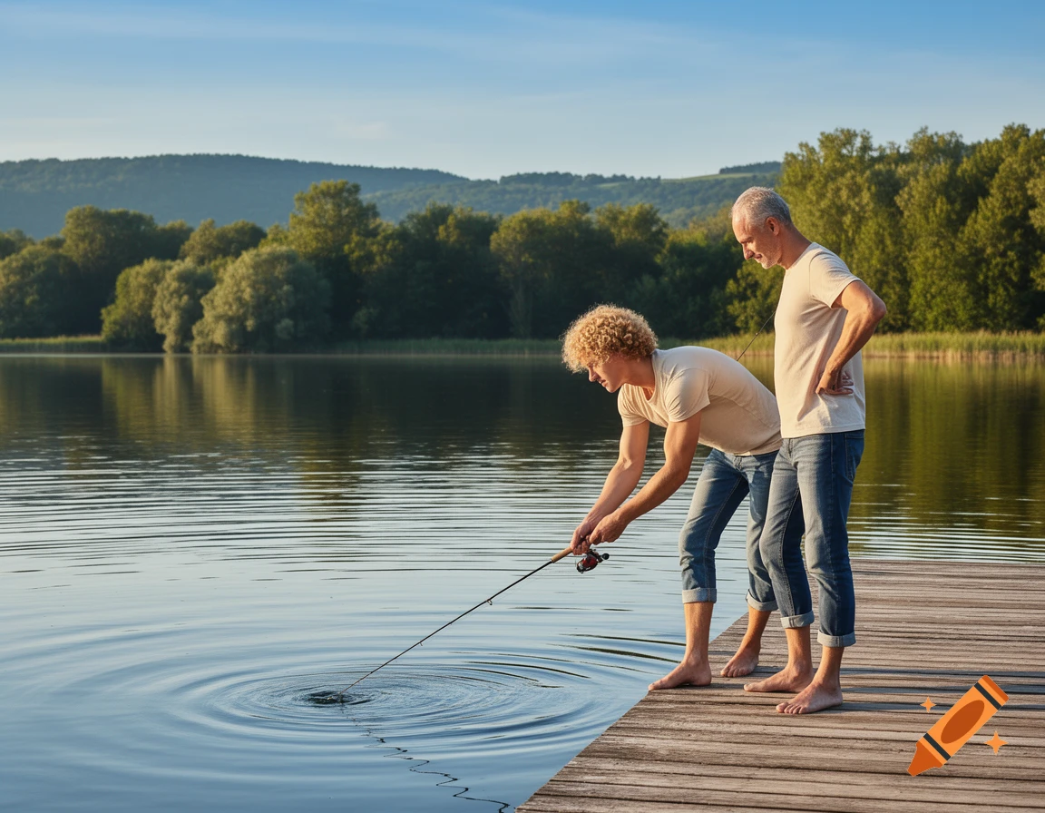 A younger man with curly hair and an older man fish from a wooden dock on a serene lake surrounded by trees.