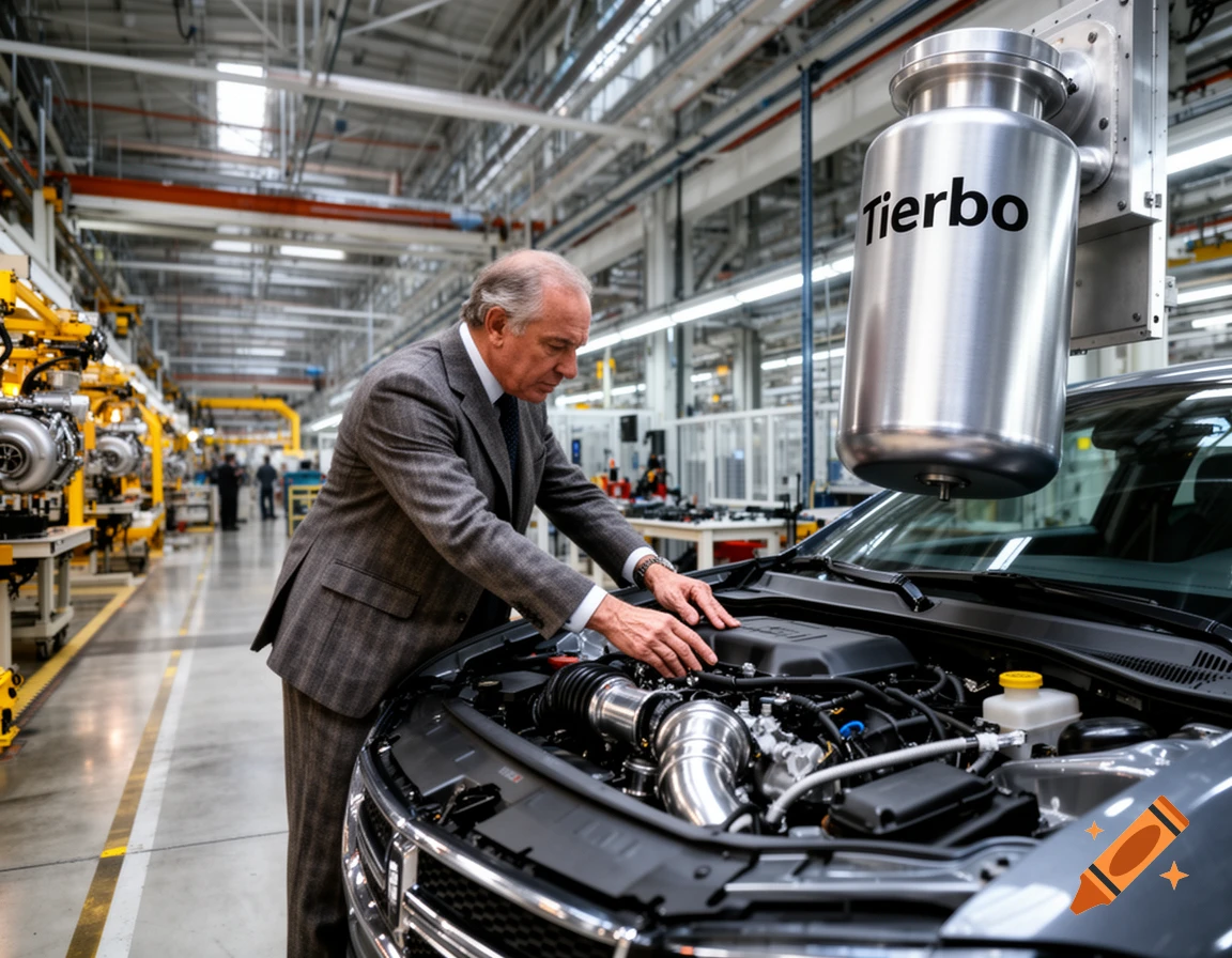 A man in a suit inspects the engine of a gray car in a large, bright factory, with a silver 'Tierbo' canister hanging above the car.