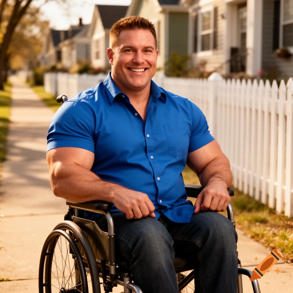 A muscular man in a blue shirt smiles broadly from a wheelchair on a sunny suburban sidewalk with houses and a white picket fence.