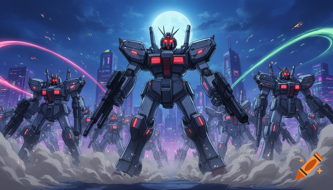 An anime-style army of robots with glowing red eyes stands in a ...