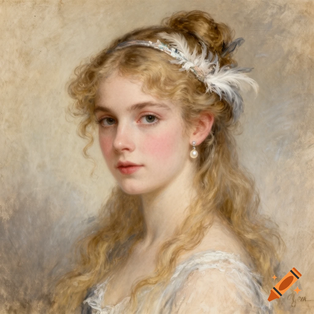 Impressionist painting of a young woman with blonde curly hair, a feathered headband, and pearl earrings.