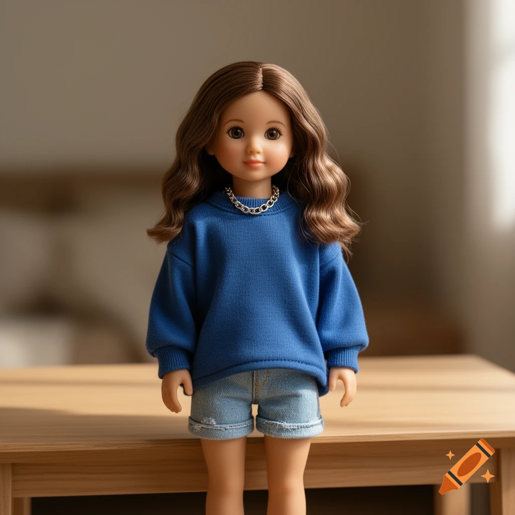 A mini Blythe doll with brown wavy hair and a chain necklace, wearing a baggy blue jersey and denim jorts, standing on a wooden table.