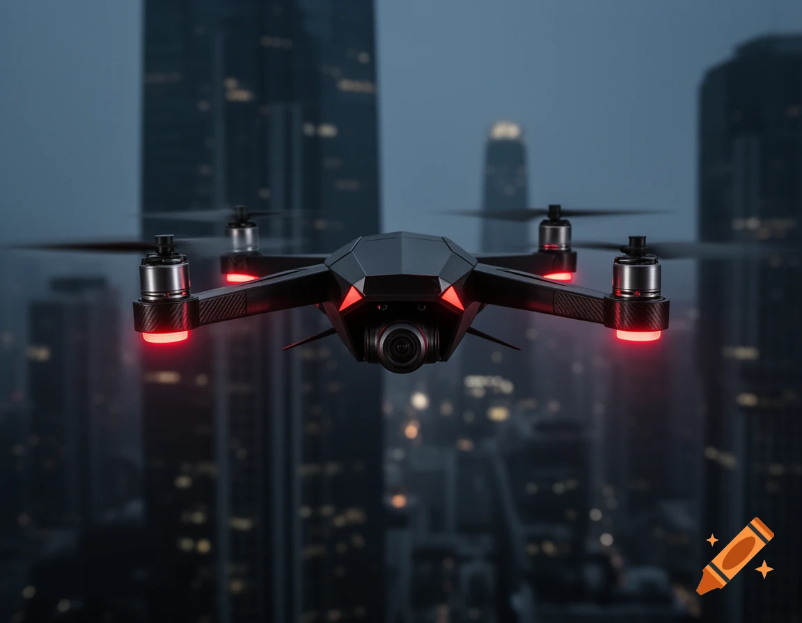 A futuristic black drone with glowing red lights hovers above a blurry city skyline at dusk.
