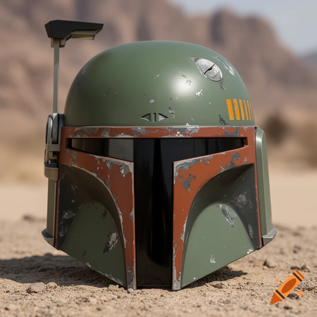 A weathered Boba Fett helmet, painted olive green with orange accents, rests on sandy ground in a desert.
