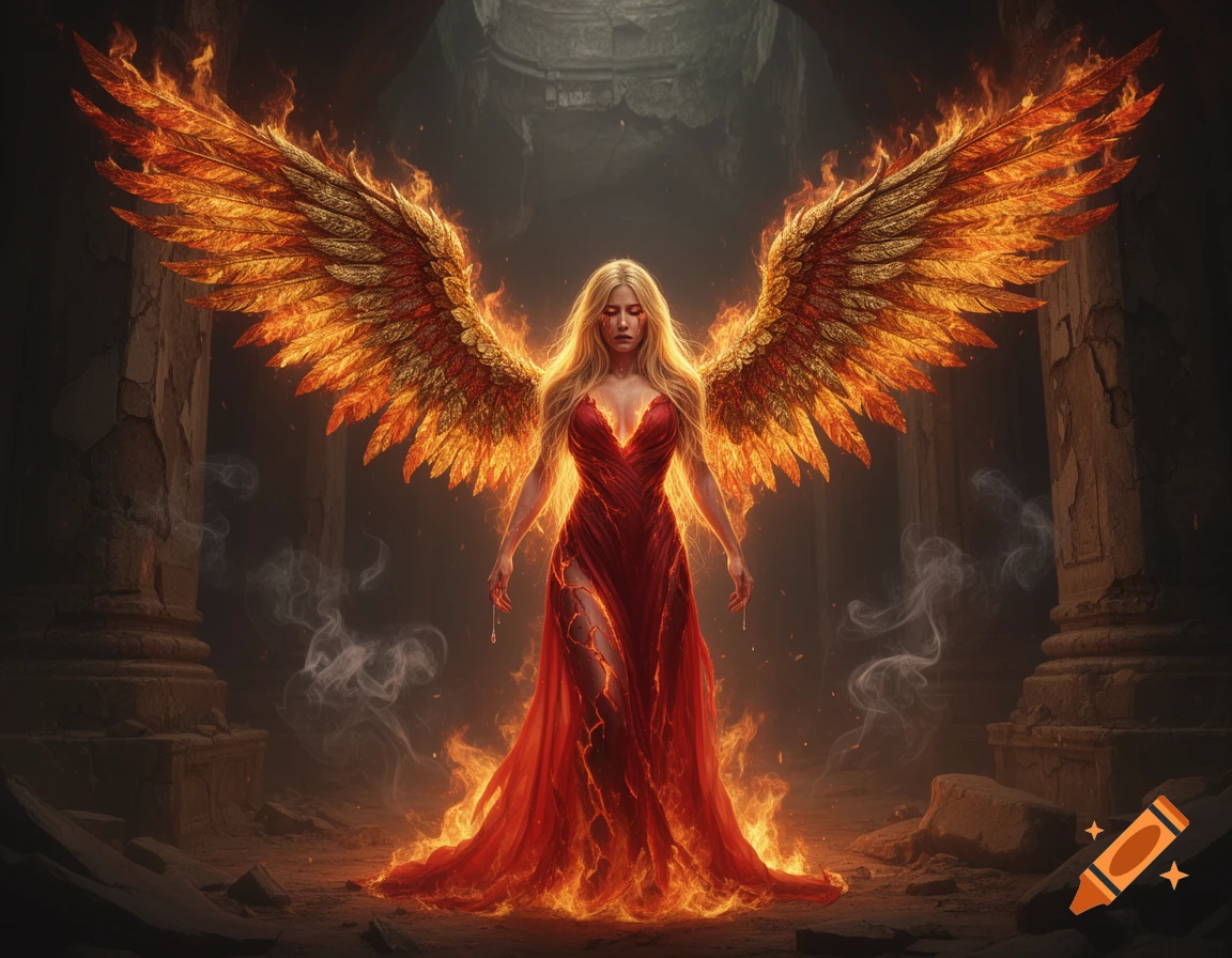 A blonde fire goddess with large fiery wings and a flowing red dress stands sorrowfully in ancient ruins, tears on her face.