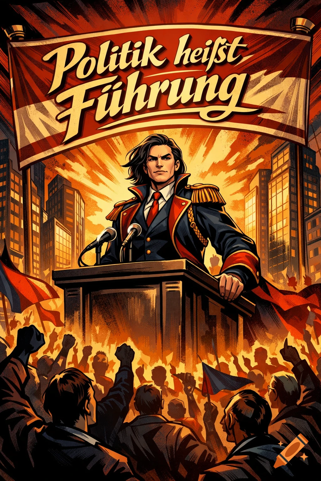 Comic art of a uniformed leader addressing a cheering crowd at a rally, with a banner proclaiming 'Politik heißt Führung'.