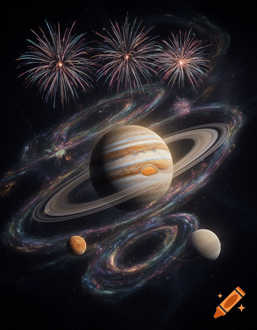 Jupiter with rings and other planets in deep space, surrounded by colorful cosmic dust and bright fireworks bursts.