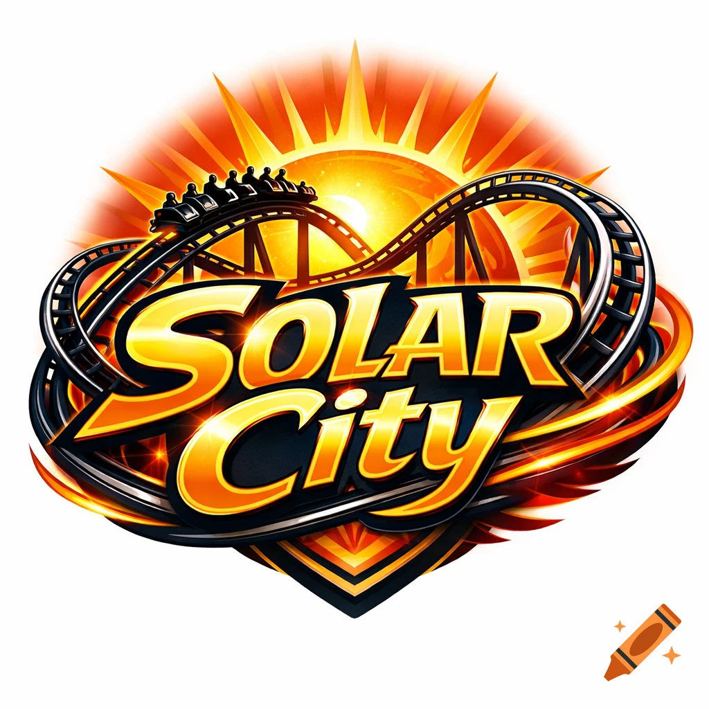 A vibrant logo for "SOLAR CITY" featuring a black rollercoaster track curving around bold gold and black text, set against a bright, radiating orange sun.