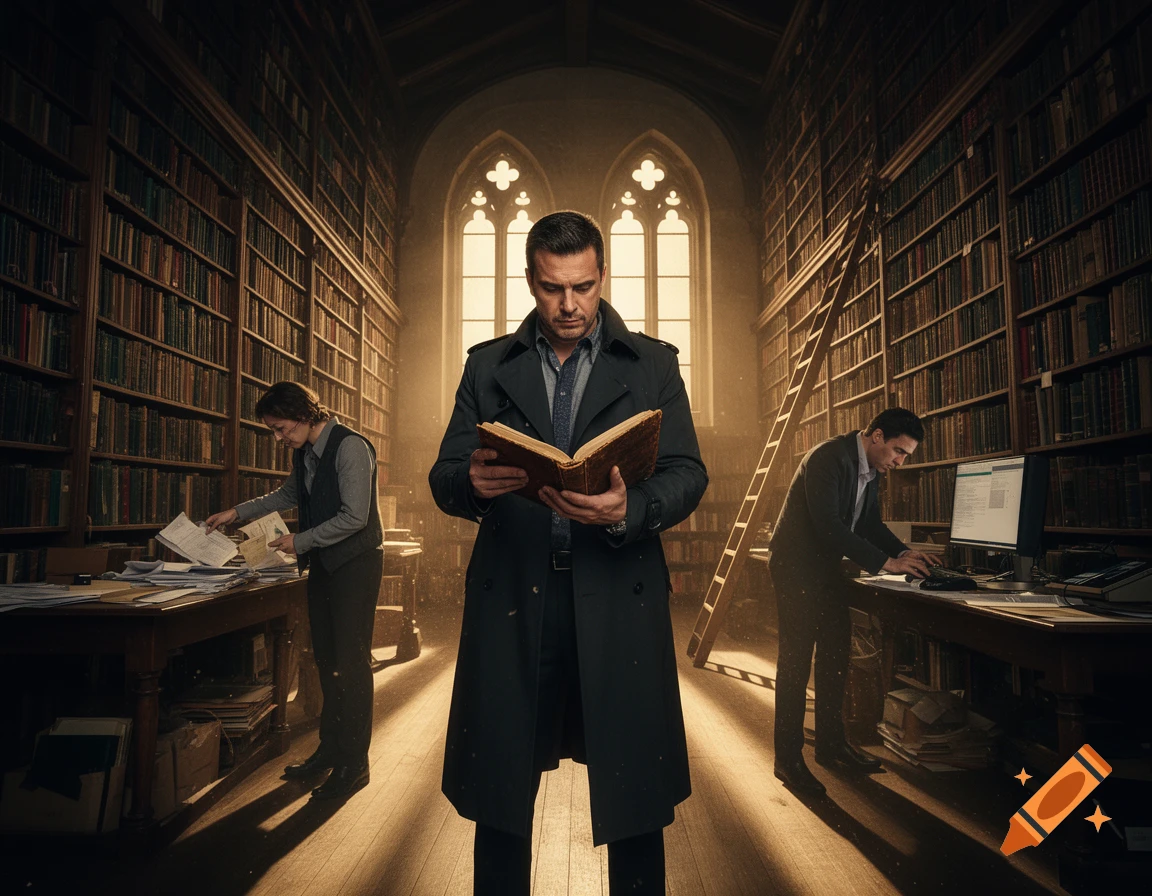 Three men, like detectives, work in a grand, dimly lit library. One reads a book, one sorts papers, and another works on a computer, in a photorealistic style.