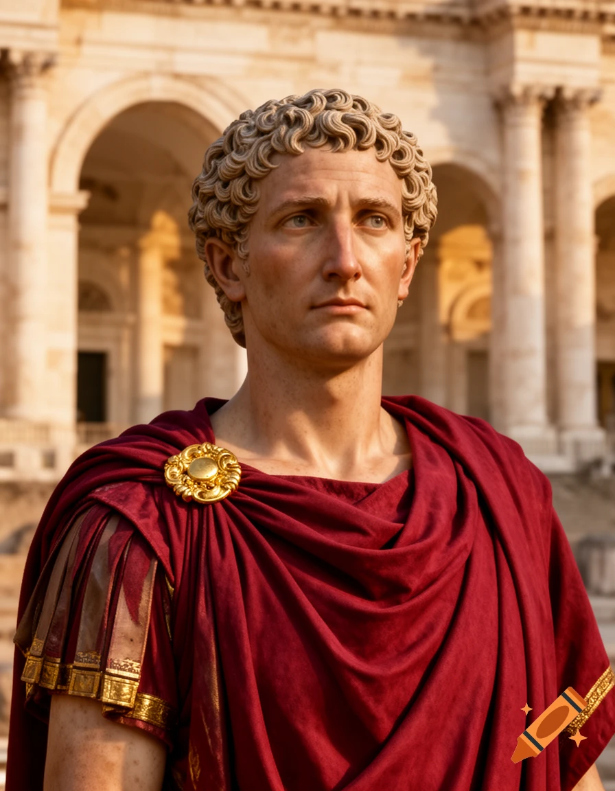A close-up of a Roman emperor in a toga with a gold brooch, standing in front of a classical building with arches and columns, in a photorealistic style.