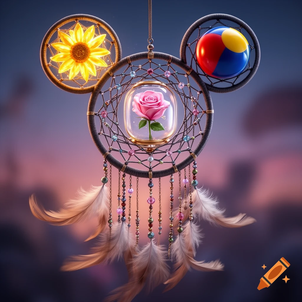 A Mickey Mouse ear-shaped dreamcatcher featuring a pink rose in a glass case, a glowing sunflower, and a colorful ball, against a blurry purple and blue background.
