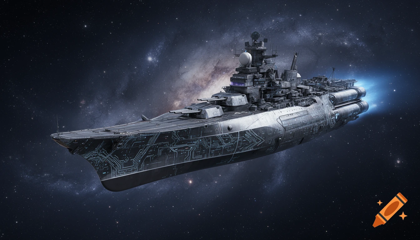 A highly detailed, dark gray futuristic space battleship with glowing blue engines floats through a star-filled galaxy.
