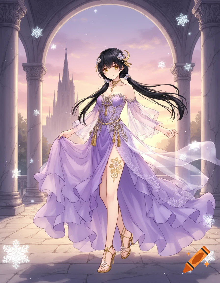An elegant anime princess in a lavender gown with gold details stands ...