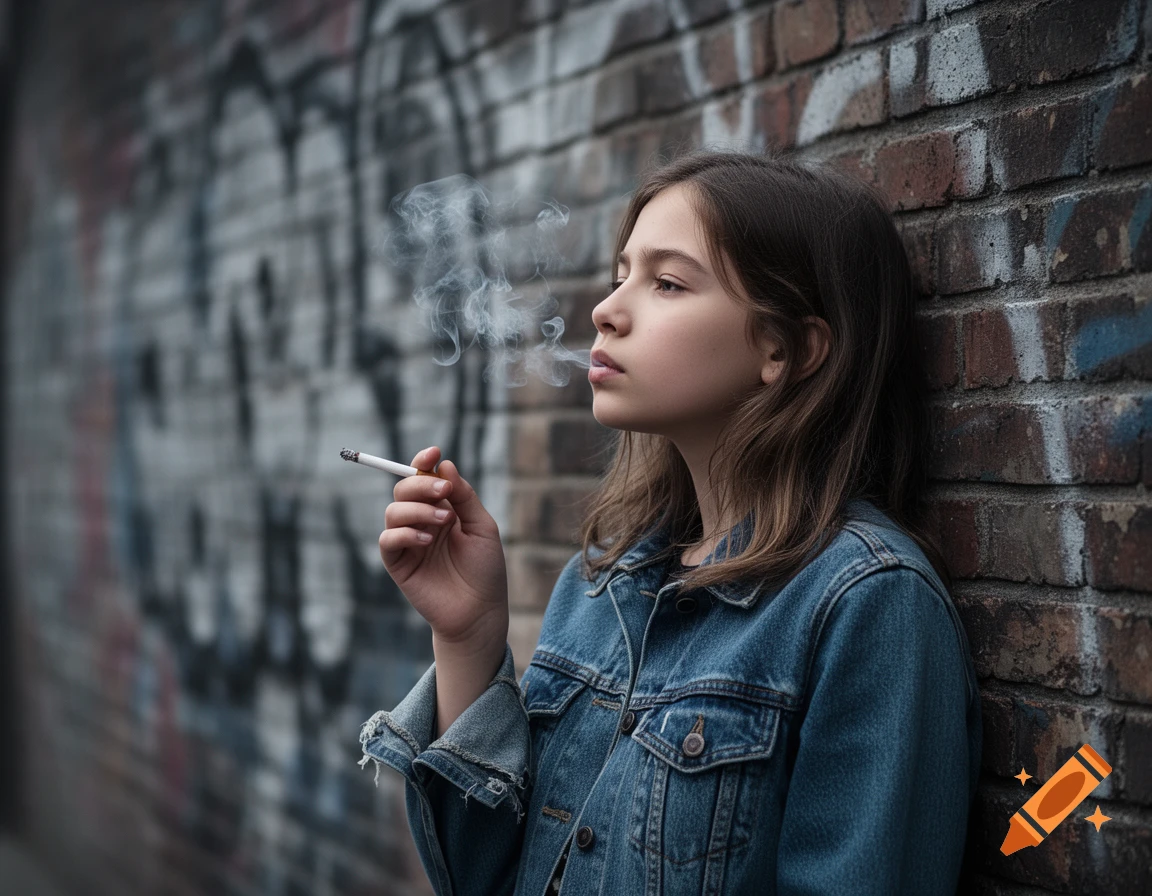 A young girl with long brown hair, wearing a denim jacket, smokes a cigarette while leaning against a brick wall with graffiti.