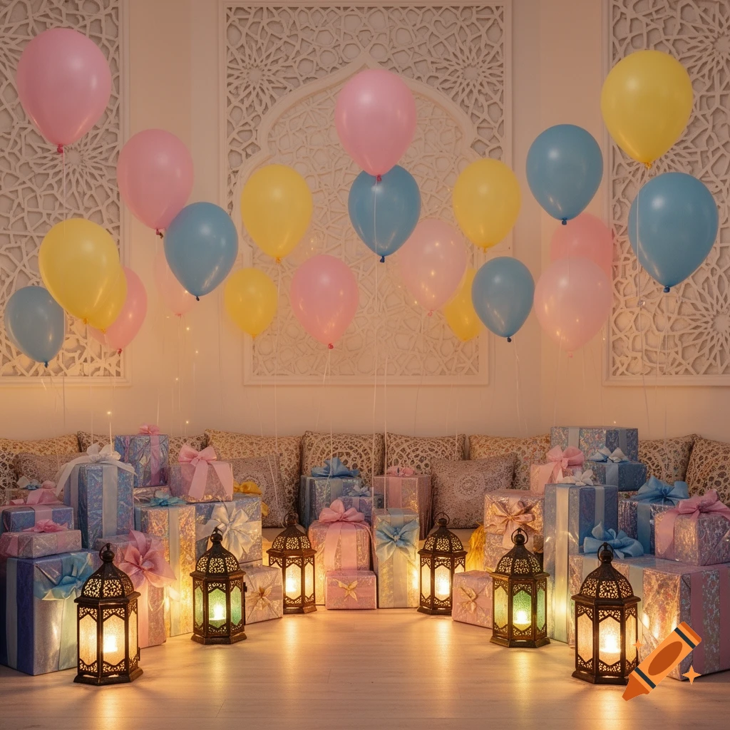 Photorealistic decorated room for Ramadan with pink, blue, and yellow balloons, wrapped gifts, and ornate lanterns glowing warmly.