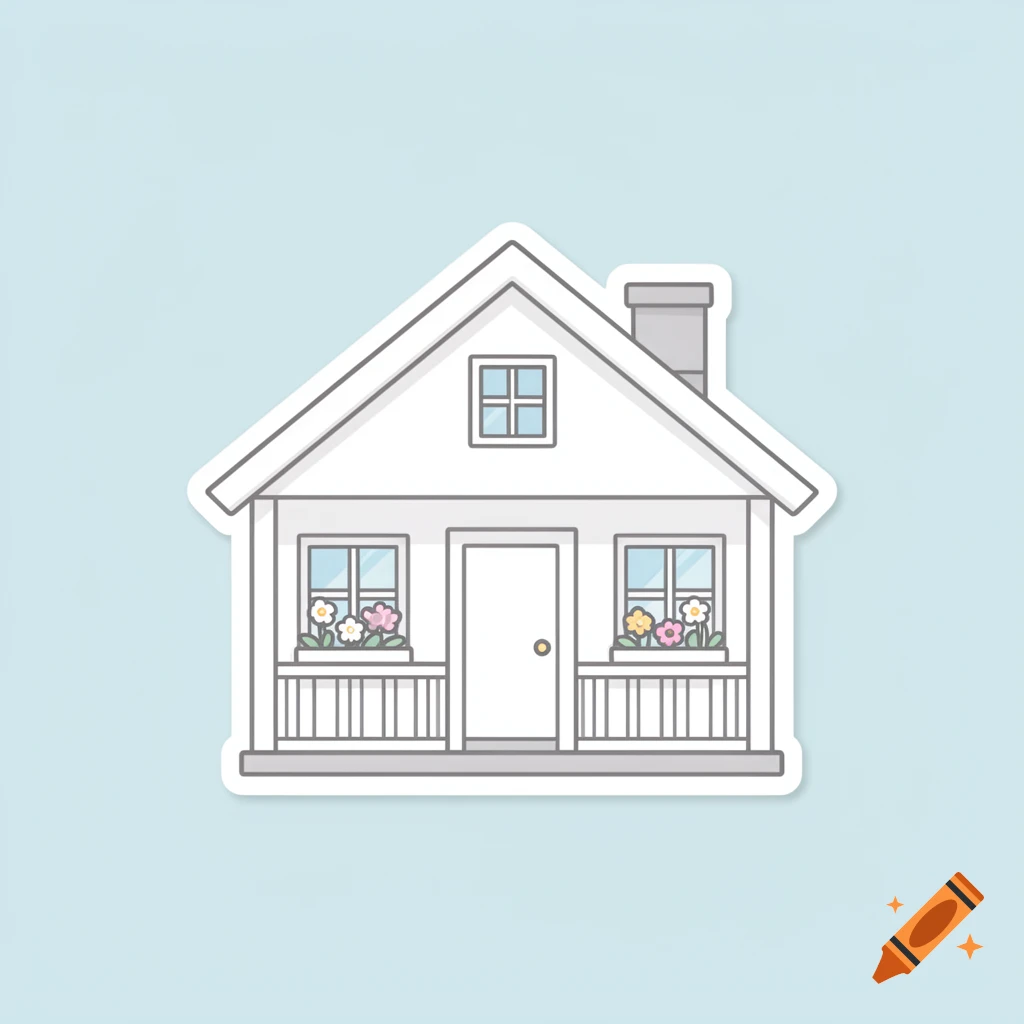 A cute white house sticker with a gray roof, chimney, blue windows, and flower boxes on a light blue background.