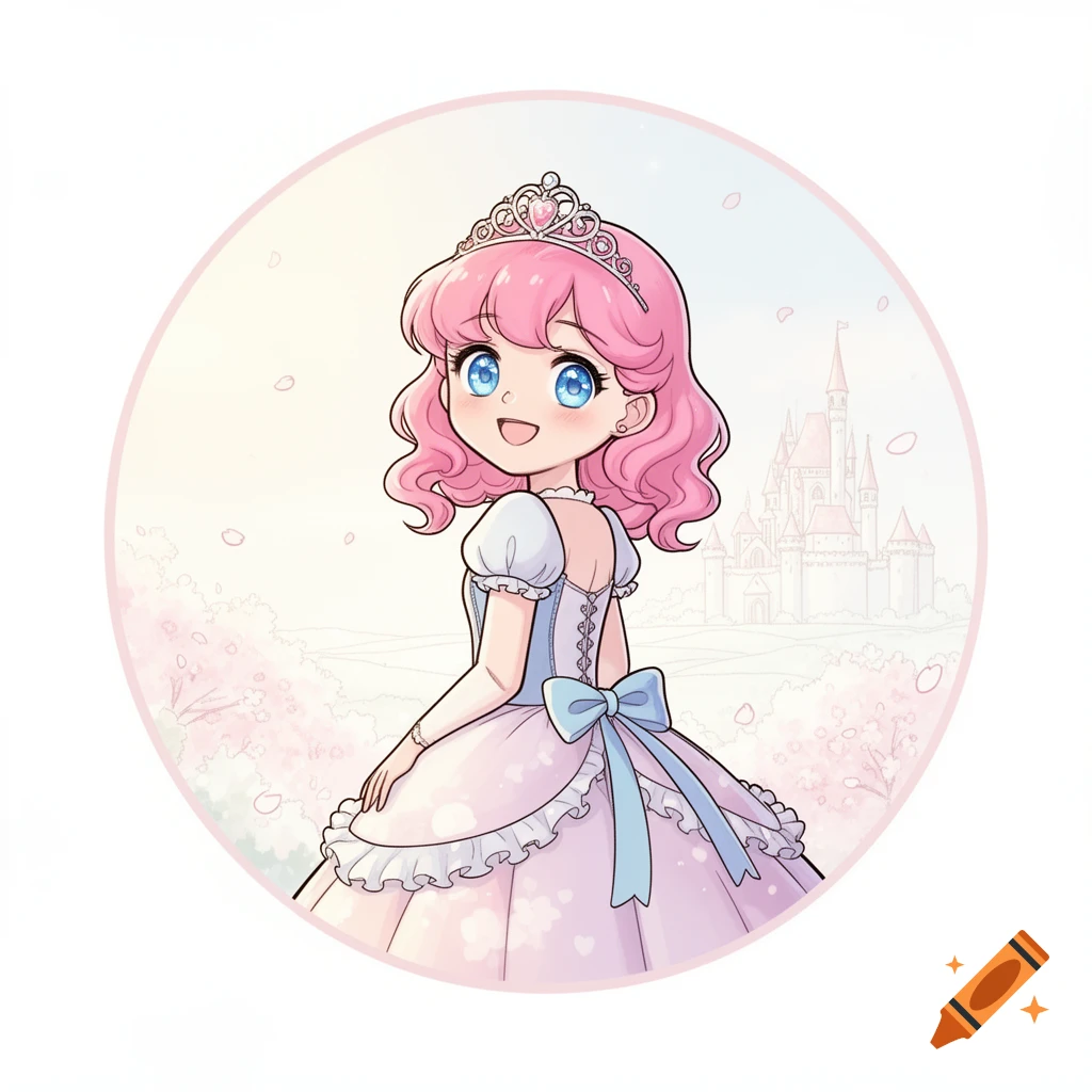 Smiling anime princess with pink hair and blue eyes, wearing a pink dress and tiara, with a castle and cherry blossoms in the background.
