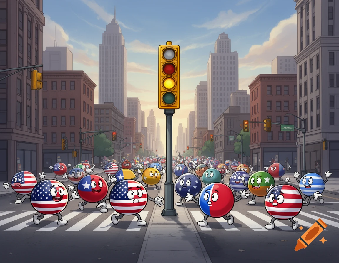 Cartoon countryballs with various flag designs, including many US flags, cross a city street at a yellow traffic light.