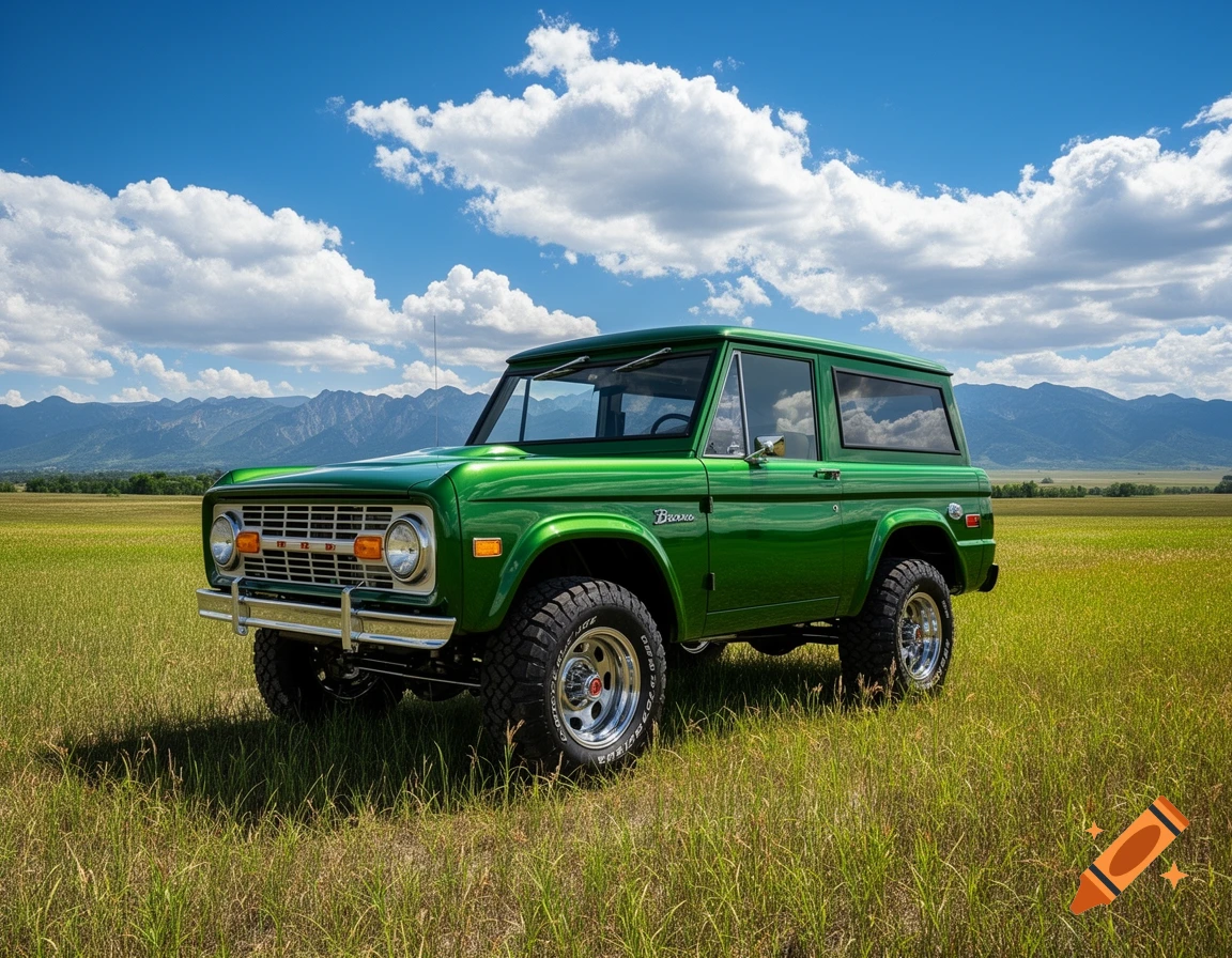Vibrant green vintage Ford Bronco parked in a sunny grassy field with mountains under a blue sky.
