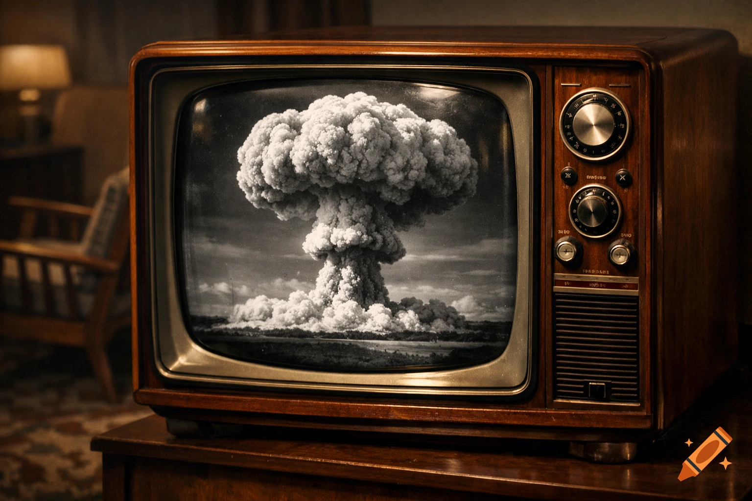 A vintage wooden television displays a black and white image of a mushroom cloud from an atomic bomb explosion.