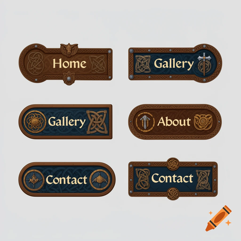 Six medieval-style navigation buttons featuring Celtic knot patterns, Viking symbols, and text like Home, Gallery, About, and Contact.