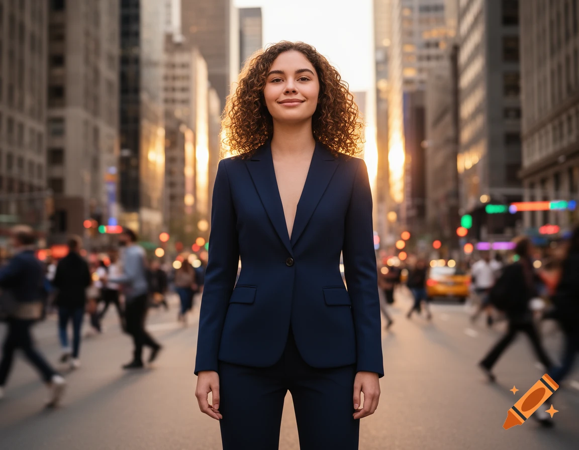 A confident young woman with curly hair in a dark suit stands smiling ...
