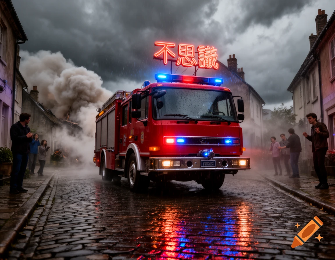 A red fire truck with flashing lights on a wet cobblestone street, facing a burning building under a stormy sky. Neon Chinese characters glow above the truck.