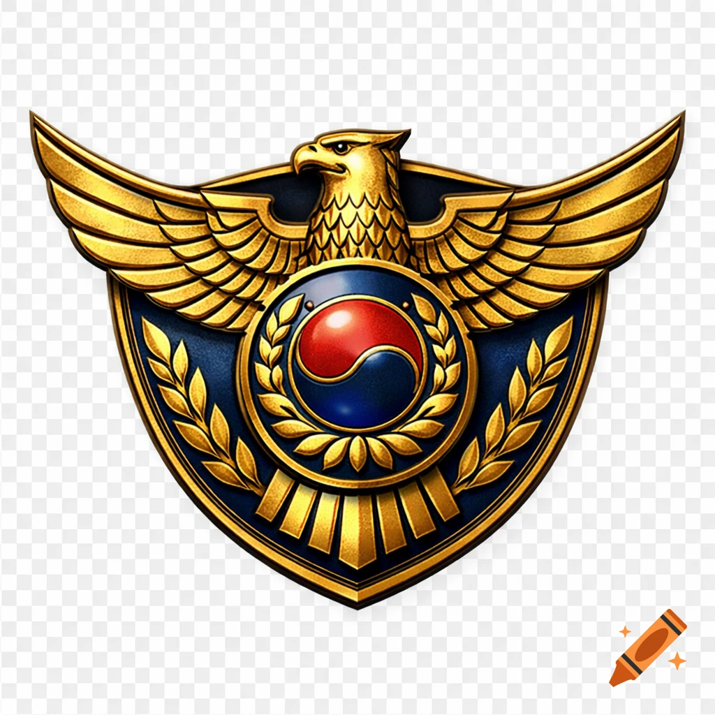 A dramatic gold and blue emblem with a spread-winged eagle atop a shield featuring a Korean Taegeuk symbol.