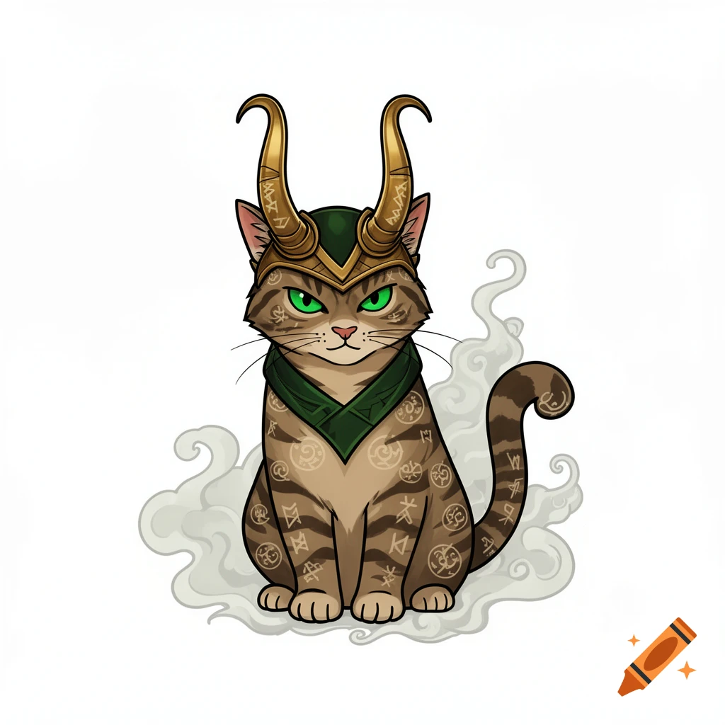 A cartoon cat with brown tabby markings and green eyes wears a Loki helmet with golden horns and a green scarf, sitting on white clouds.