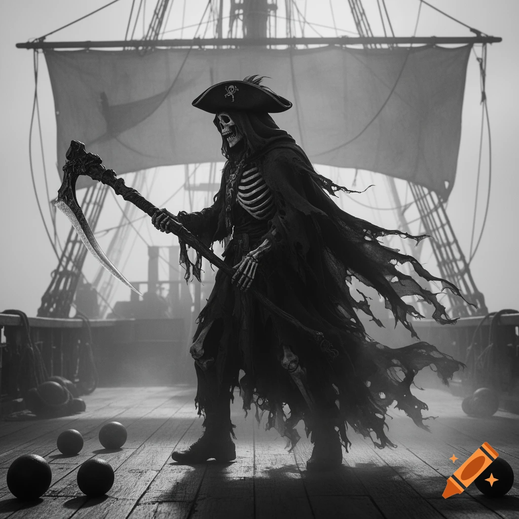 A black and white image of a pirate-themed grim reaper holding a scythe, standing on the deck of a pirate ship.