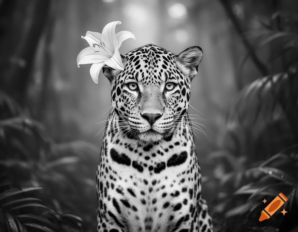 A photorealistic black and white jaguar with a white lily on its left ear, looking forward in a jungle.