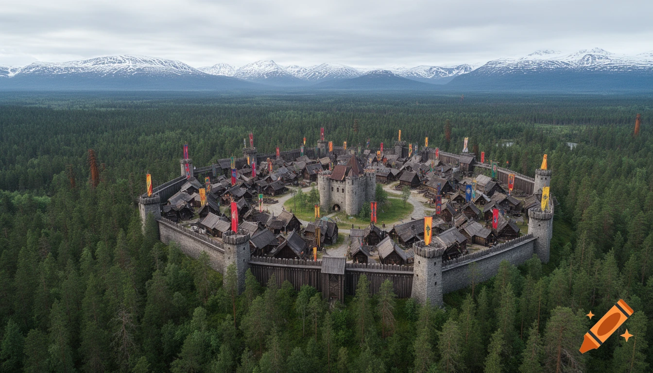Aerial view of a fortified medieval town with a central castle ...