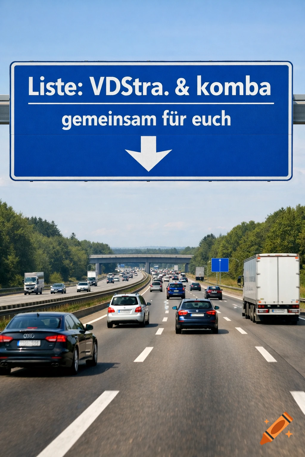 A blue highway sign with white text and a downward arrow above a busy multilane highway with cars, a bridge, and trees under a clear sky.