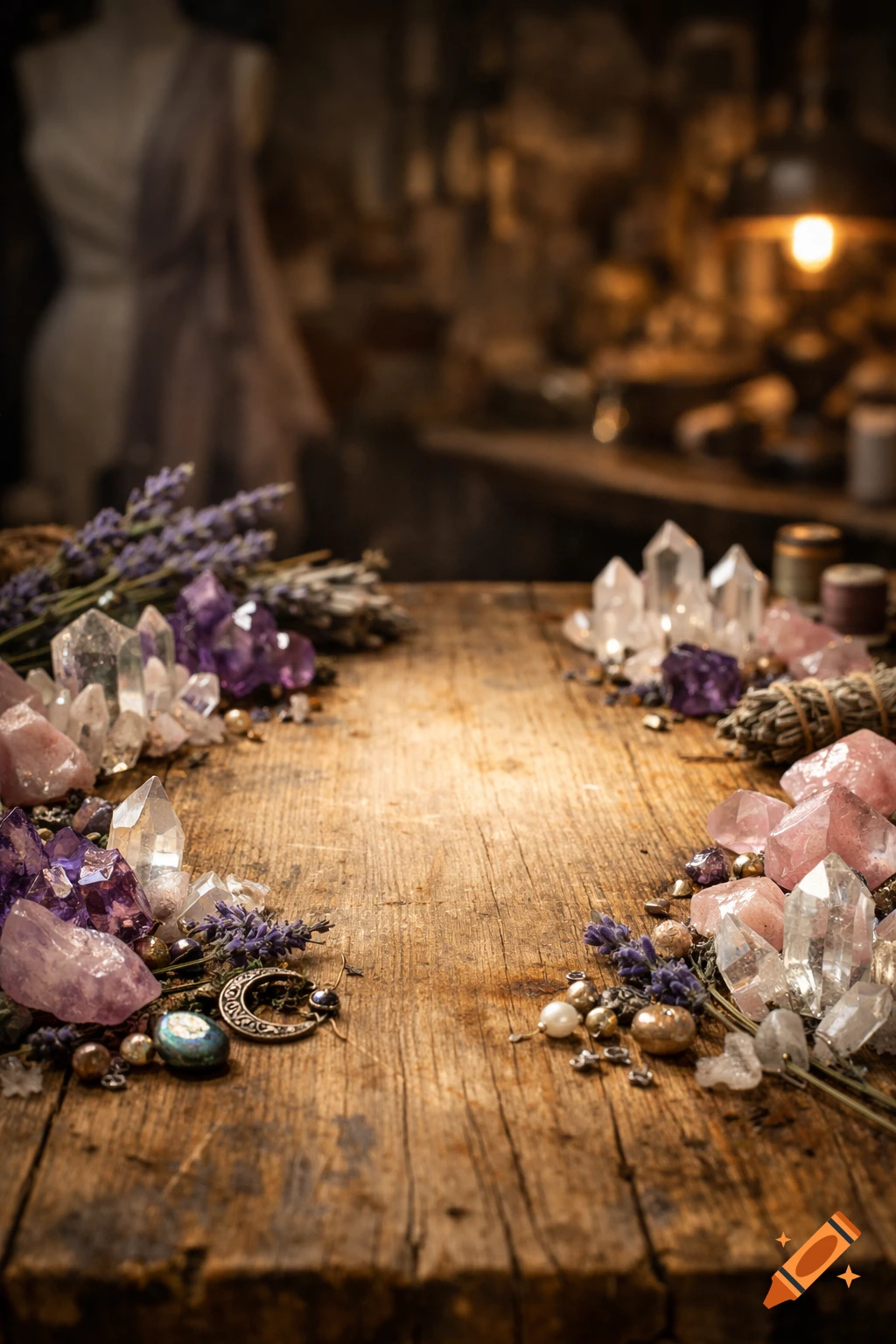 Rustic wooden table with clear, purple, and pink crystals, dried lavender, and beads, in a dimly lit, blurred workshop background.