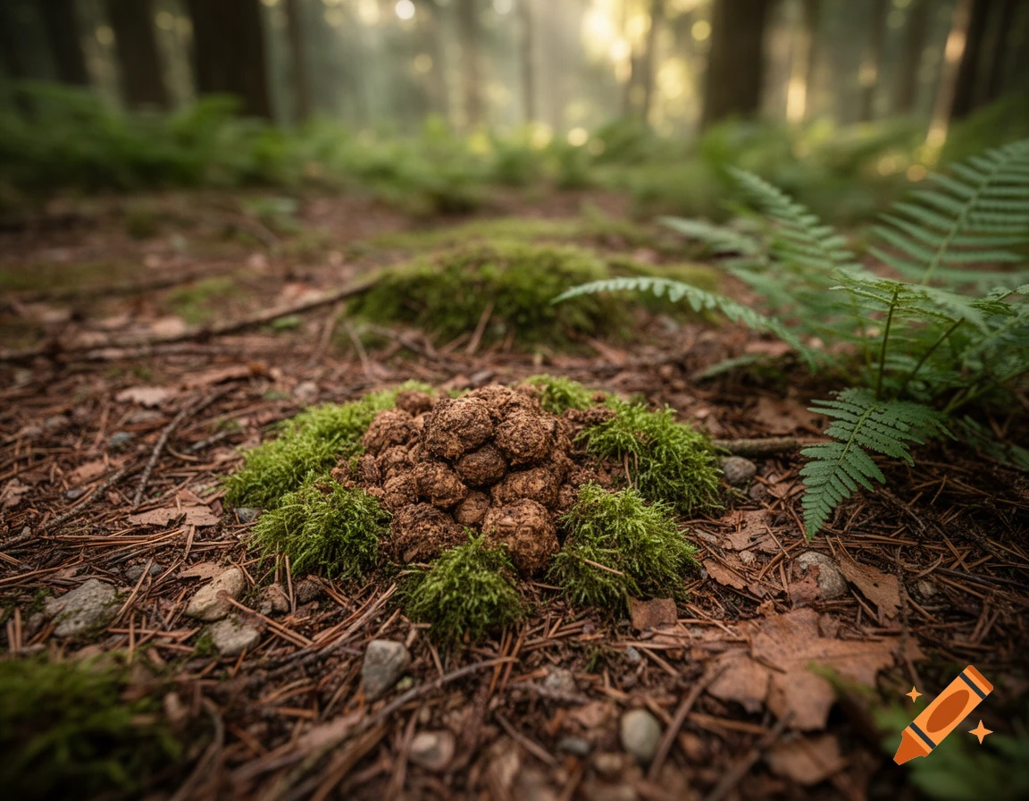 A close-up, low-angle shot of a mossy mound on a forest floor, surrounded by pine needles, stones, and ferns.