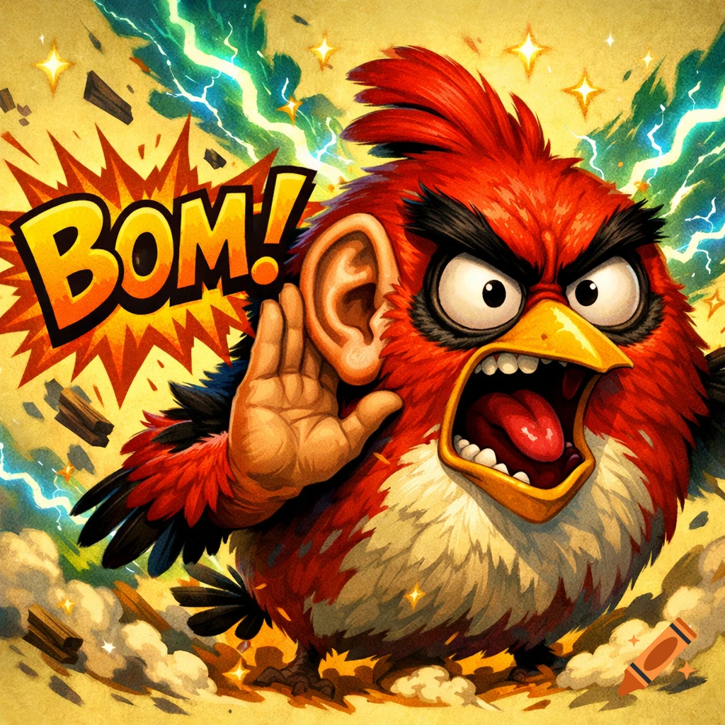 Red, the Angry Bird, with a human ear and hand, screaming 'BOM!' in a chaotic yellow background with lightning and stars.