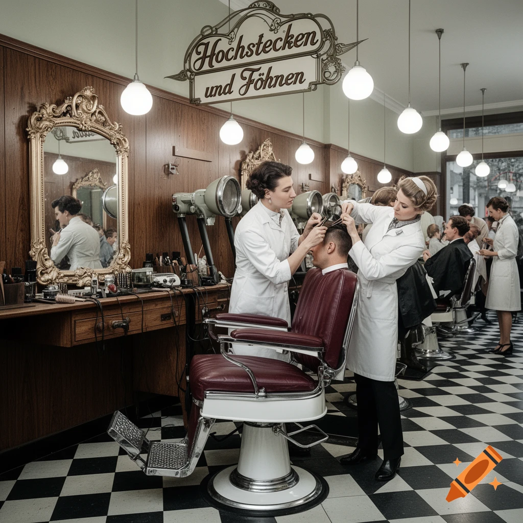 Two female stylists in white coats give a man a haircut in a vintage 1950s German barbershop with checkered floors.